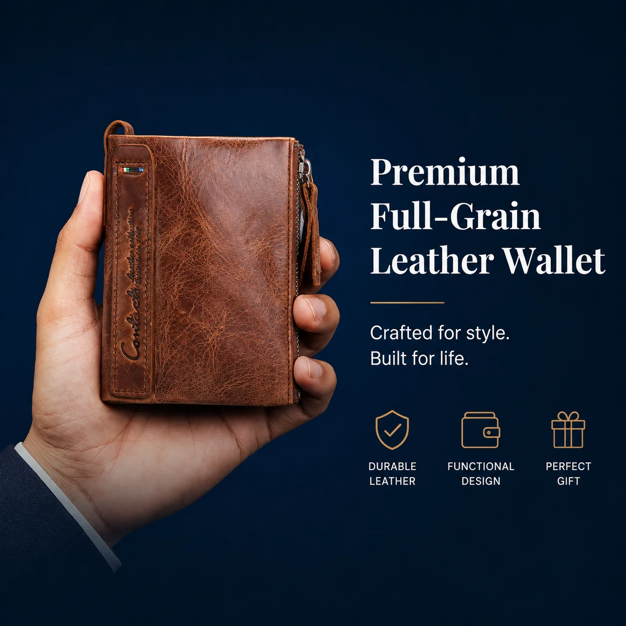 CONTACT'S Genuine Leather Wallets for Men Card Holder Zip Coin Purses Luxury Designer Casual Men Wallet Money Clip Men's Wallets