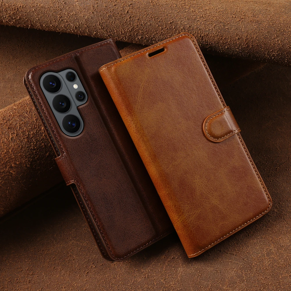 Premium Calf Leather Flip Case for Samsung Galaxy S26 Ultra Plus S25 FE S24 S23 S22 S21 Ultra Phone Cases Cover Wallet Bag Coque