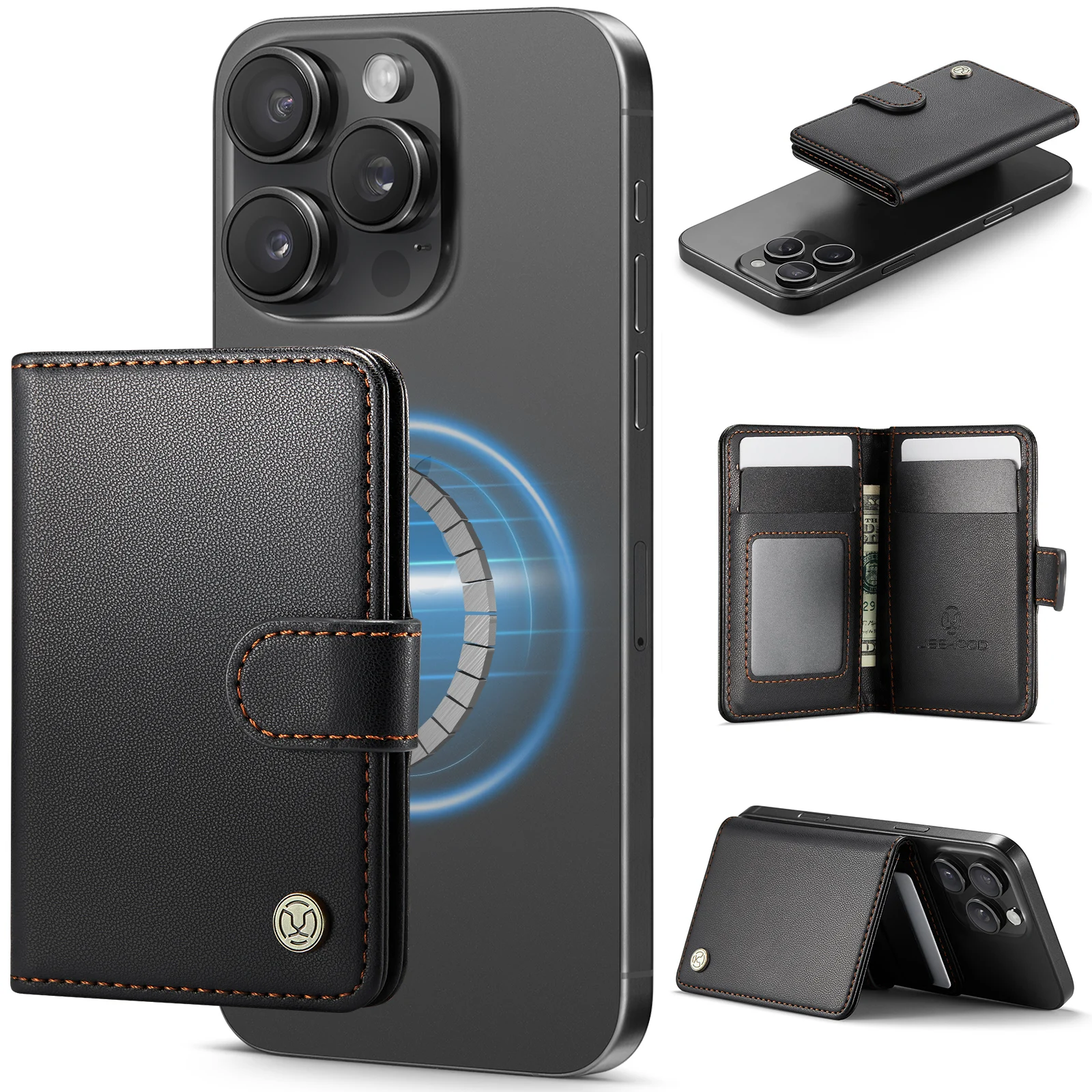 JEEHOOD J09 Portable Card Holder Wallet Magnetic Clasp Card Bag Premium PU Leather 6 Card Slots RFID Blocking Card Bag Wallet