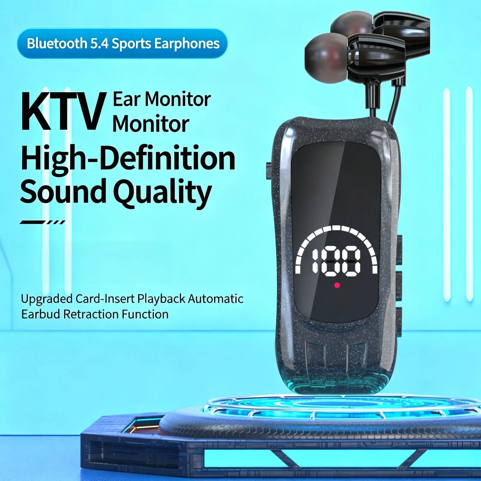 Neck Clip Bluetooth Headset Retractable In Ear IPX4 Waterproof Noise Cancelling LED Display TF Card Playback Long Battery Life
