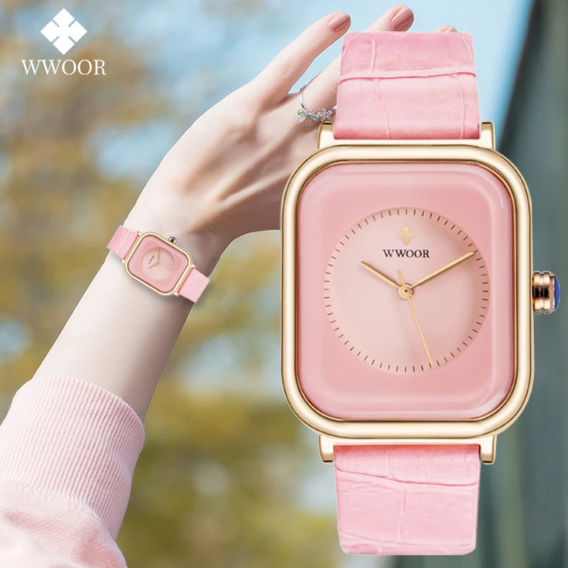 WWOOR Brand Simple Dress Fashion Watches Square Women Casual Bracelet Wrist Watches Leather Waterproof Ladies Clock Montre Femme