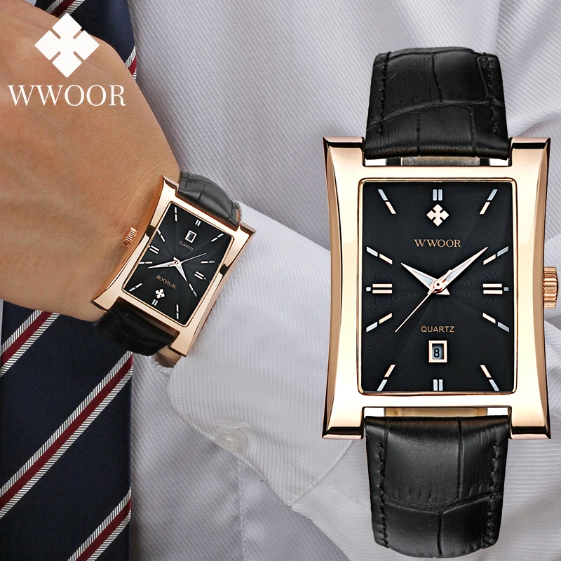 WWOOR 2025 Men's Watches Black Leather Square Male Quartz Wristwatch Luxury Fashion Business Watch For Men Calendar Male Clock