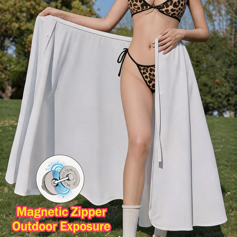 Women Sexy Magnetic Button Quick Take Off Dresses Beach Style Crotch Open Long Skirts Outdoor Exposed Easy Loosed Fit Cloak
