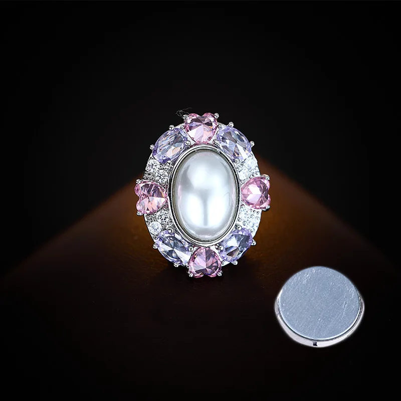 French Style Light Luxury Geometric Oval Zircon Pearl Brooch Summer Anti-Exposure Dress Magnetic Clasp Brooch Accessory for Wome