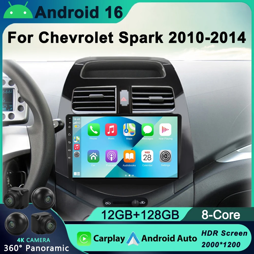 2 Din Android 16 Car Radio For Chevrolet Spark Beat Matiz Creative 2009-2016 Multimedia Video Player Navigation GPS Carplay RDS