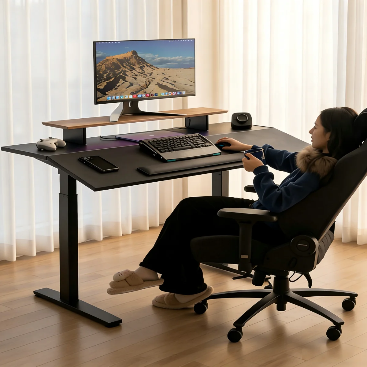 Multi-Functional Electric Tilt Height Adjustable Desk With LED Monitor Stand Ergonomic Gaming Computer Desk & Chair Workstation