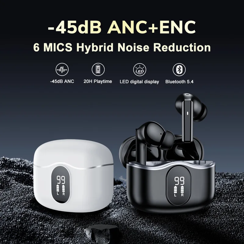 Digital Display Screen Bluetooth Earphones Deep Noise Reduction Hybrid Feedback ANC ENC Semi In Ear Six Microphone HIFI Earbuds