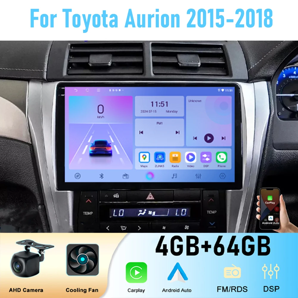 10'' For Toyota Aurion 2015-2018 Car Radio Stereo Wireless Apple Carplay Android 15 Auto GPS Camera Google Map Head Unit WIFI