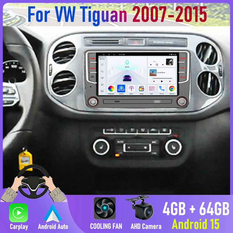 2DIN Android 15 Canbus Car Radio For VW Tiguan 2007-2015 with GPS Navi Apple Wireless Carplay BT Stereo Camera Head Unit FM