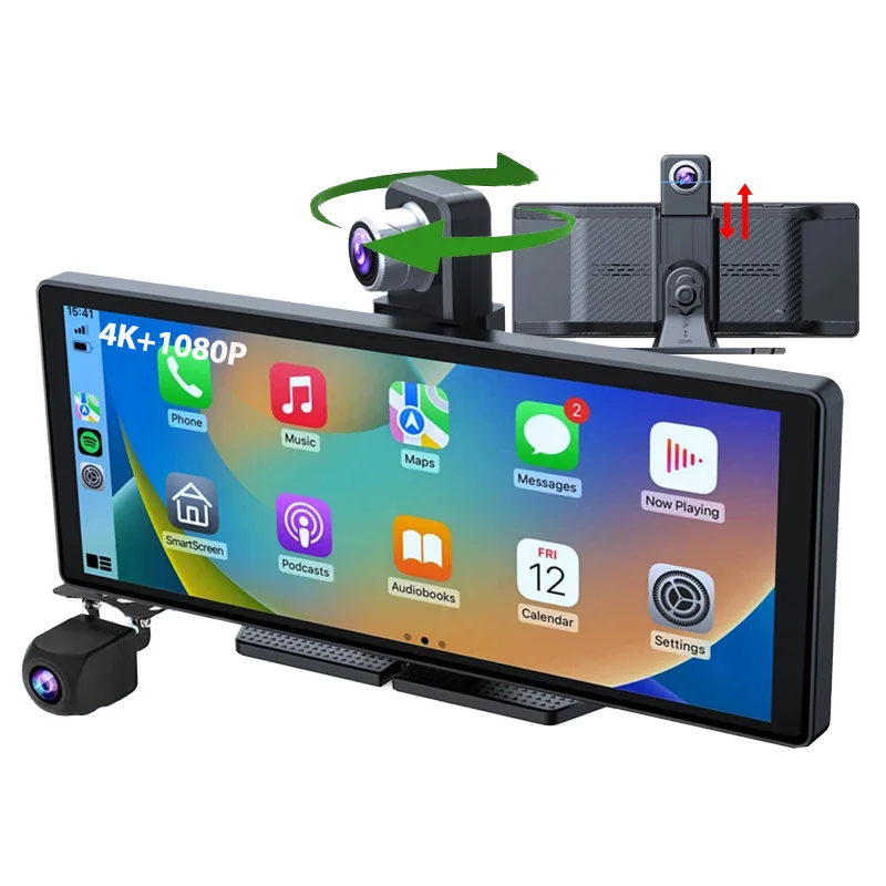 Carplay DashCam Dash Cam Front and Rear 4k Waterproof Camera Car Dvr Dash Cam Wireless CarPlay Screen FM Dash Camera for Cars
