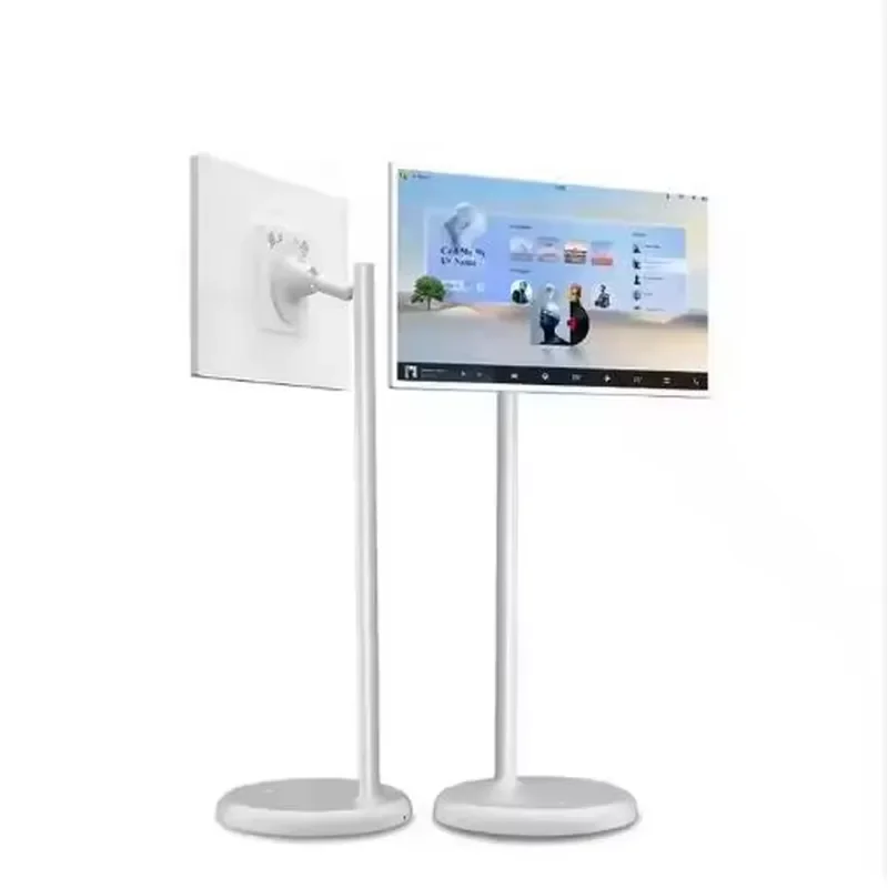 32 Inch Smart TV Stand Mobile Floor Standing LED Display Screen Portable Vertical Touch Monitor For Indoor Outdoor Use White