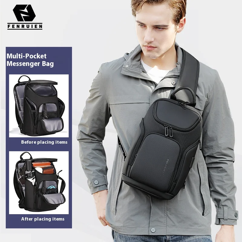 Men Sling Bag Waterproof Crossbody Chest Bag with USB Charging Port Fit for 9.7 Inch Tablet Travel Outdoor Shoulder Bag