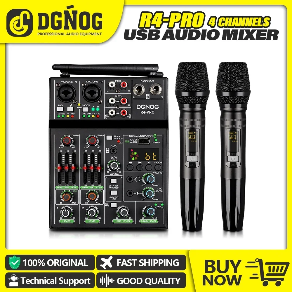 4 Channels Audio Mixer with Dual Wireless Microphone USB Sound Mixers DJ Mixing Console for Home Karaoke Party Church Studio