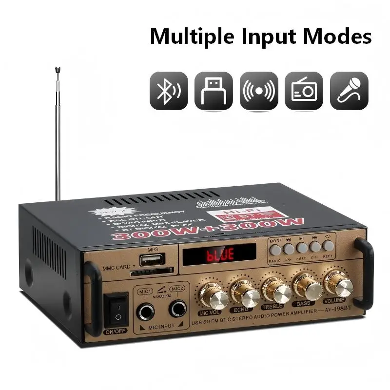 AV-198 HIFI BT Amplifier Input Voltage 220V/12V  Home Use Dual Channel Supports Microphone SD Card USB Drive Radio Audio Input