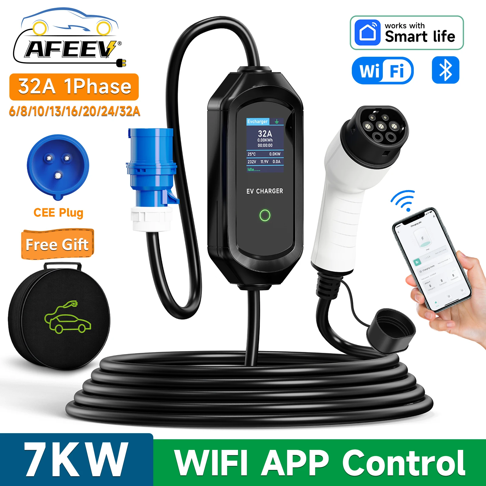AFEEV 7KW EVSE Charger 32A Electric Car Charger 1Phase Type1/GBT Type 2 Portable Charger WIFI APP Control EV Charger