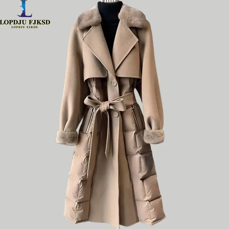 Double Breasted Down Jackets for Women,Faux Mink Collar Coat, Long Windbreaker, Adjustable Waist,European, Winter, New,2024