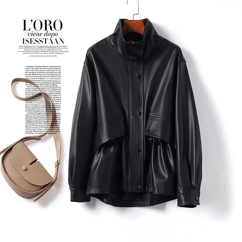 New Women Split Leather Short Coat Spring Autumn Fashion Turtleneck Long Sleeve Drawstring Slim Waist Leather Jacket Casual Coat