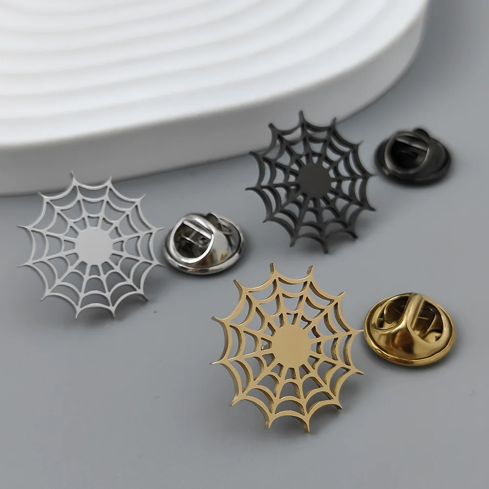 3‑Color Hollow Spider Web Brooch 316L Stainless‑Steel Punk Gothic Lapel Pin Badge For Clothing Jacket