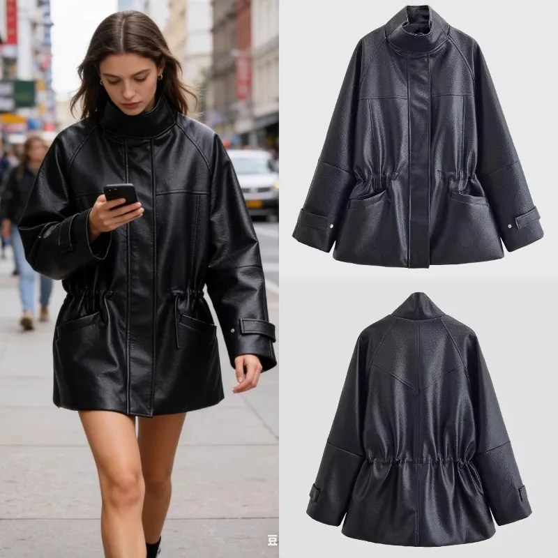 New European and American style autumn and winter women's clothing sells well. The black jacket with adjustable waist is elegant