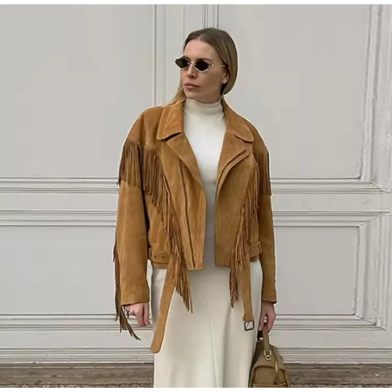 Vintage Notch Lapel Collar Jacket Tassel Fringe Decor Adjustable Buckle Belt Waist Long Sleeve Women Cropped Outerwear 260701