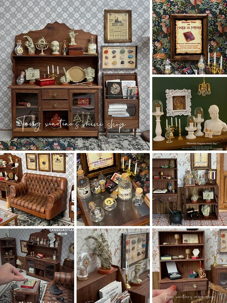 Dollhouse Retro Decoration Magic House Props Poster Decorative Painting Mini Sculpture Candlestick Miniature Model Decoration