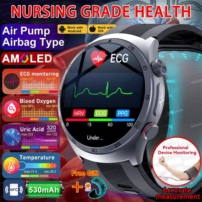 2026New Nursing Grade Air Pump Airbag SmartWatches Men Accurate Measure Uric Acid Blood Pressure ECG Health NFC Sport SmartWatch