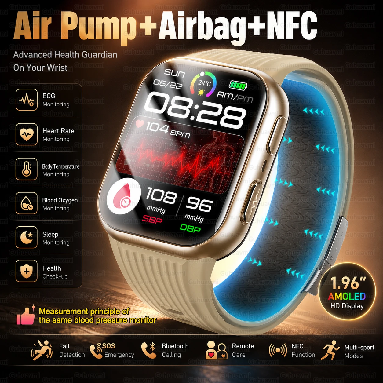 Air Pump Smartwatch Accurate Blood Pressure Uric Acid Lipid Monitor SOS Fall Detection Bluetooth Call ECG Health Watch Men Women