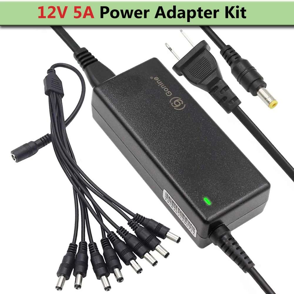 60W 12V 5A Power Adapter AC to DC Switching Power Supply with 8-Way Power Splitter Cable for CCTV Camera DVR RGB LED Strip Light