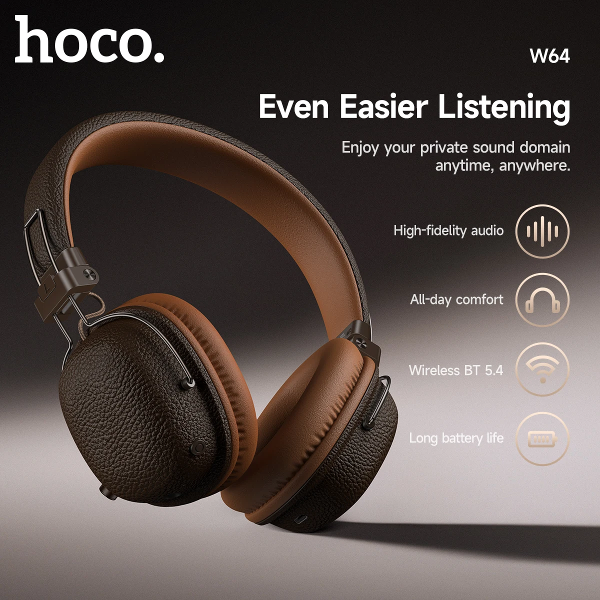 HOCO Retro PU Leather Wireless Bluetooth 5.4 Headphones 40MM Deep Bass Speaker Music Sports HiFi Audio Earbuds Fashion Over-Ear