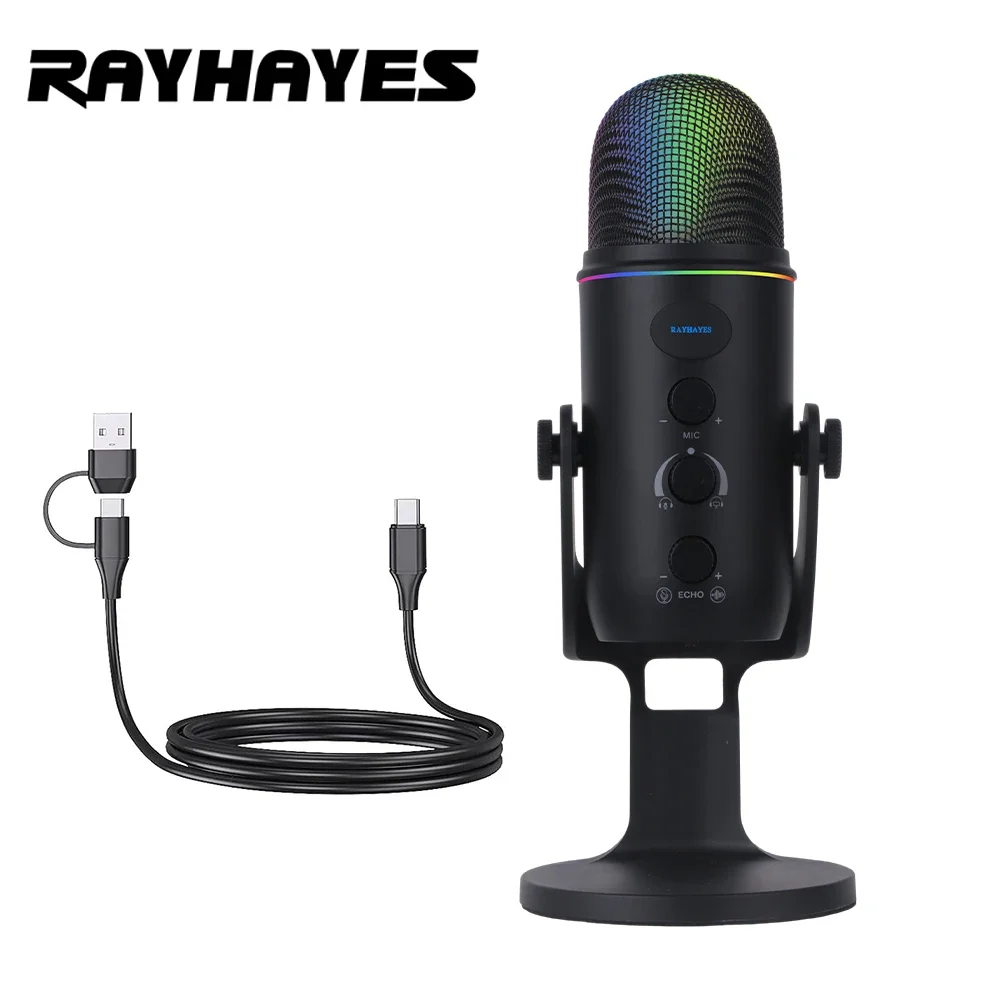 RAYHAYES JI-MV4 USB Condenser Microphone RGB Lighting Cardioid Pickup with Mute & Monitoring for Gaming Streaming