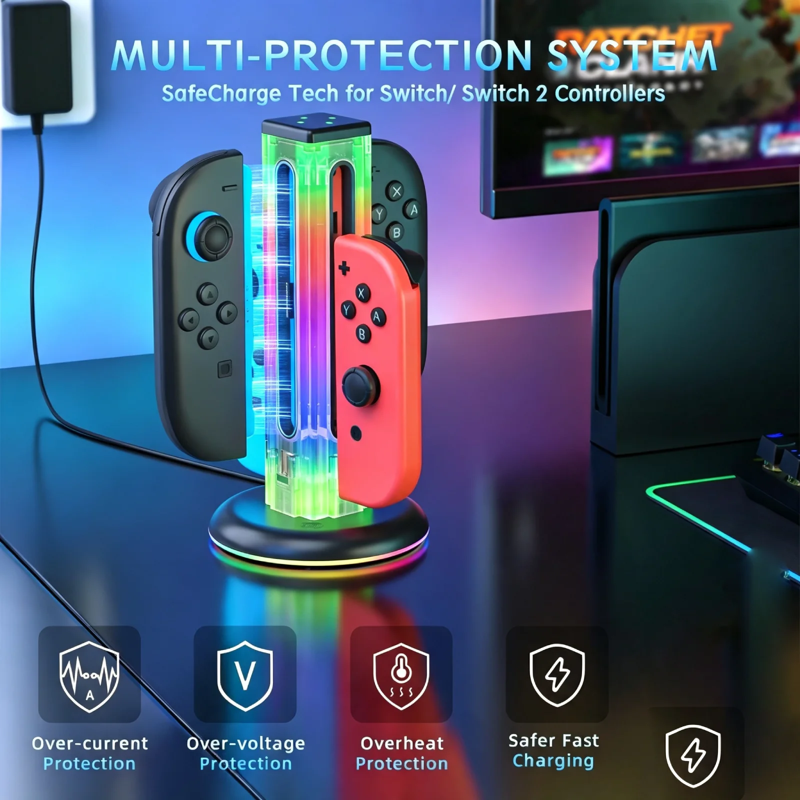 Switch 2 OLED Controller Charging Stand, 4-in-1 Joy-Con Dock with RGB Colorful LED Light Storage Gaming Accessories