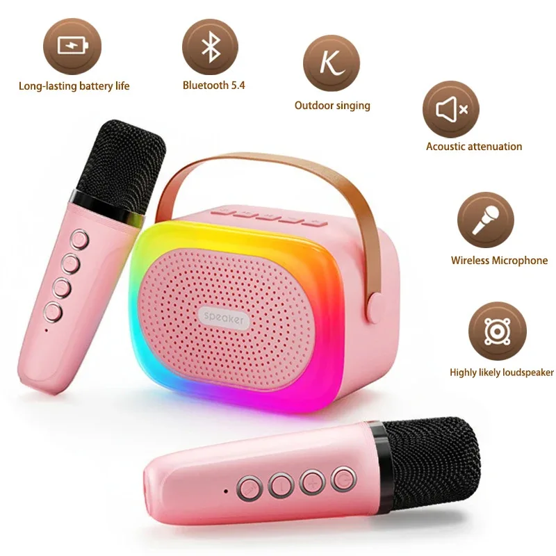 Mini Karaoke Machine With 2 Wireless Microphones Portable Speakers Camping Home Party Kids Birthday Gifts Bluetooth Speaker loud