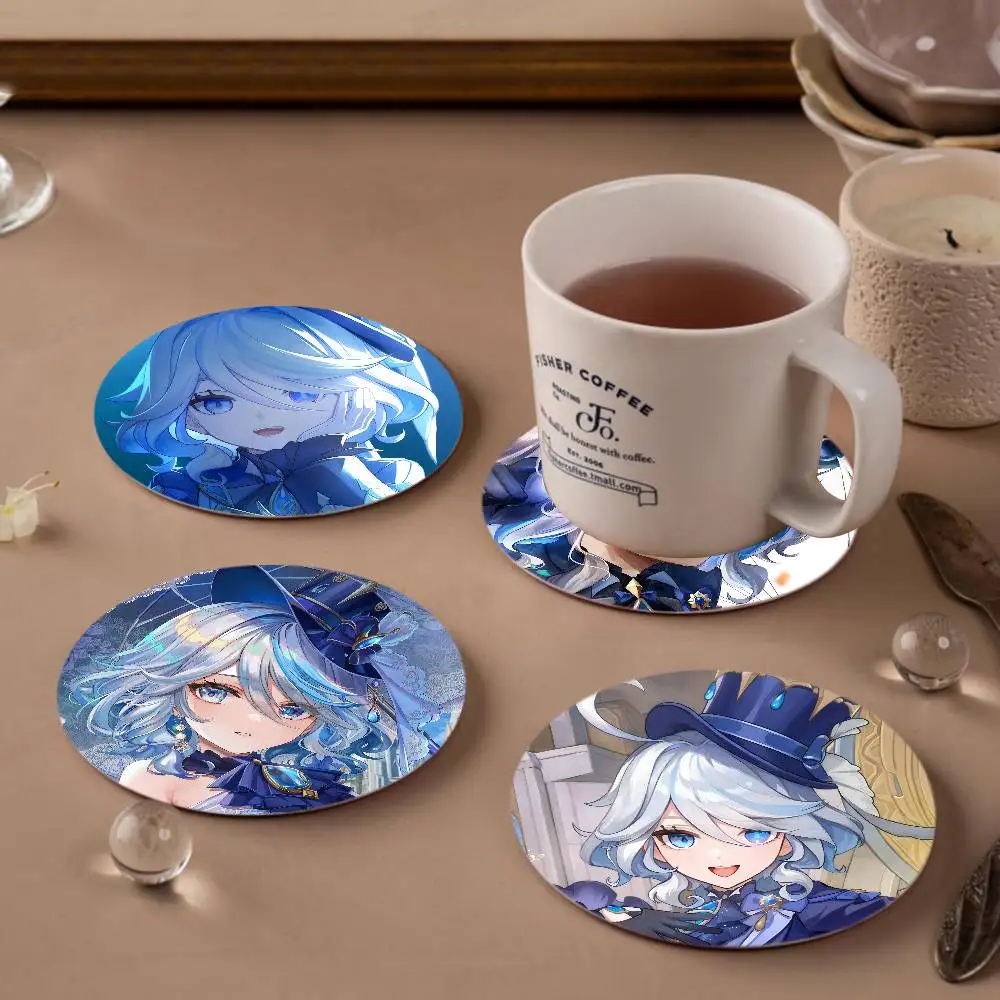 Furina Genshin Impact Wood Coasters Colorful Round Coaster Non-slip Heat Insulation Coffee Mats Home Accessories Kitchen