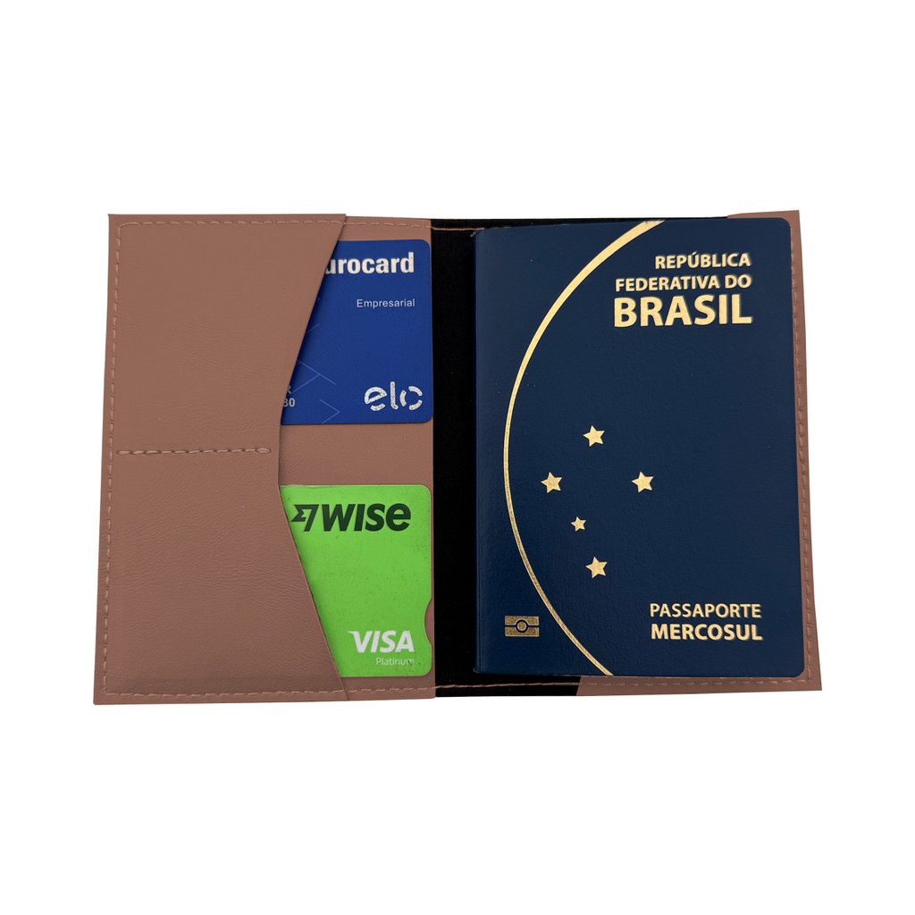 Porta Passaporte Premium em Couro Sintético Bege Escuro