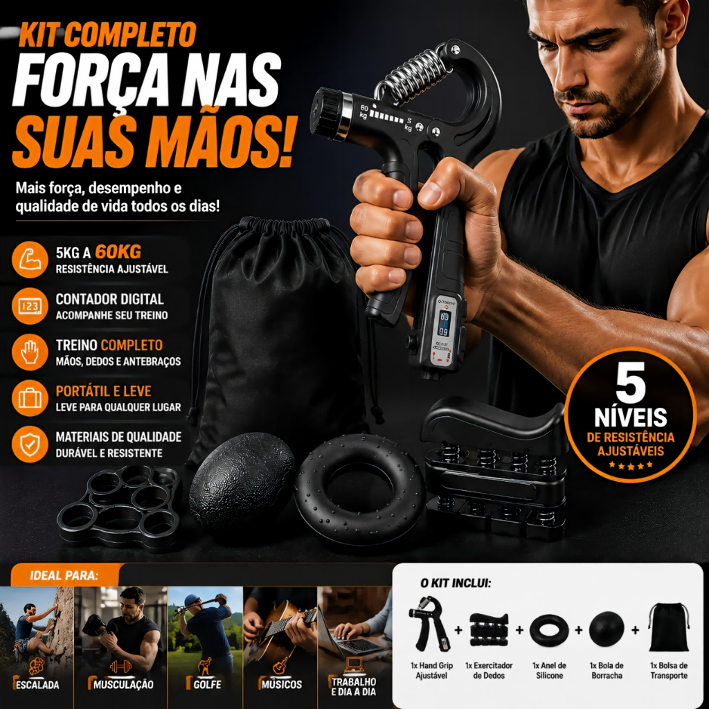 Kit Fortalecedor de Mãos 5-60kg Ajustável com Contador Digital + Exercitador de Dedos e Antebraço