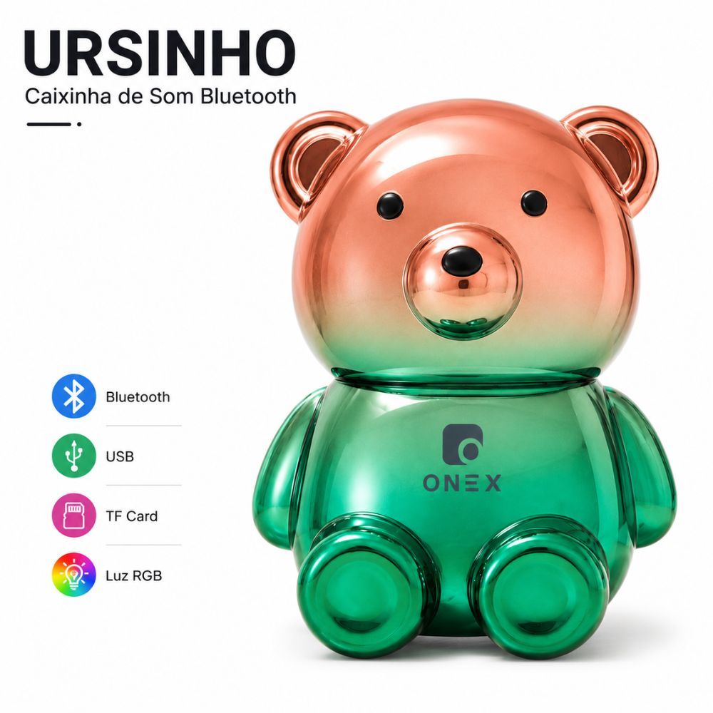Caixinha de Som Bluetooth Ursinho LED Portátil USB Cartão TF Recarregável Decoração Quarto Presente