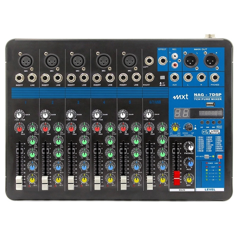 Mesa de Som 7 canais MXT Nag7 DSP USB Bluetooth MP3 24 Efeitos DSP XLR P10 48V Phantom Mixer Profissional controlador