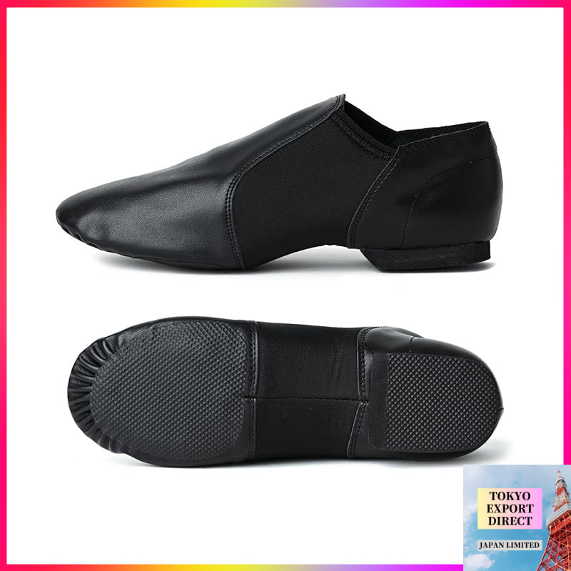 Leather Jazz and Cheer Shoes [terra] - Professional Dance Slip-ons for Kids to Adults with Side Elastic (Beige/Black, Various Sizes)[DIRECT FROM JAPAN]