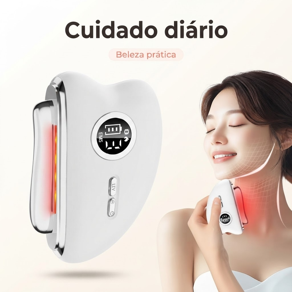 Aparelho Facial Gua Sha Elétrico 4 em 1 com EMS, Vibração, Calor e LED 3 Cores