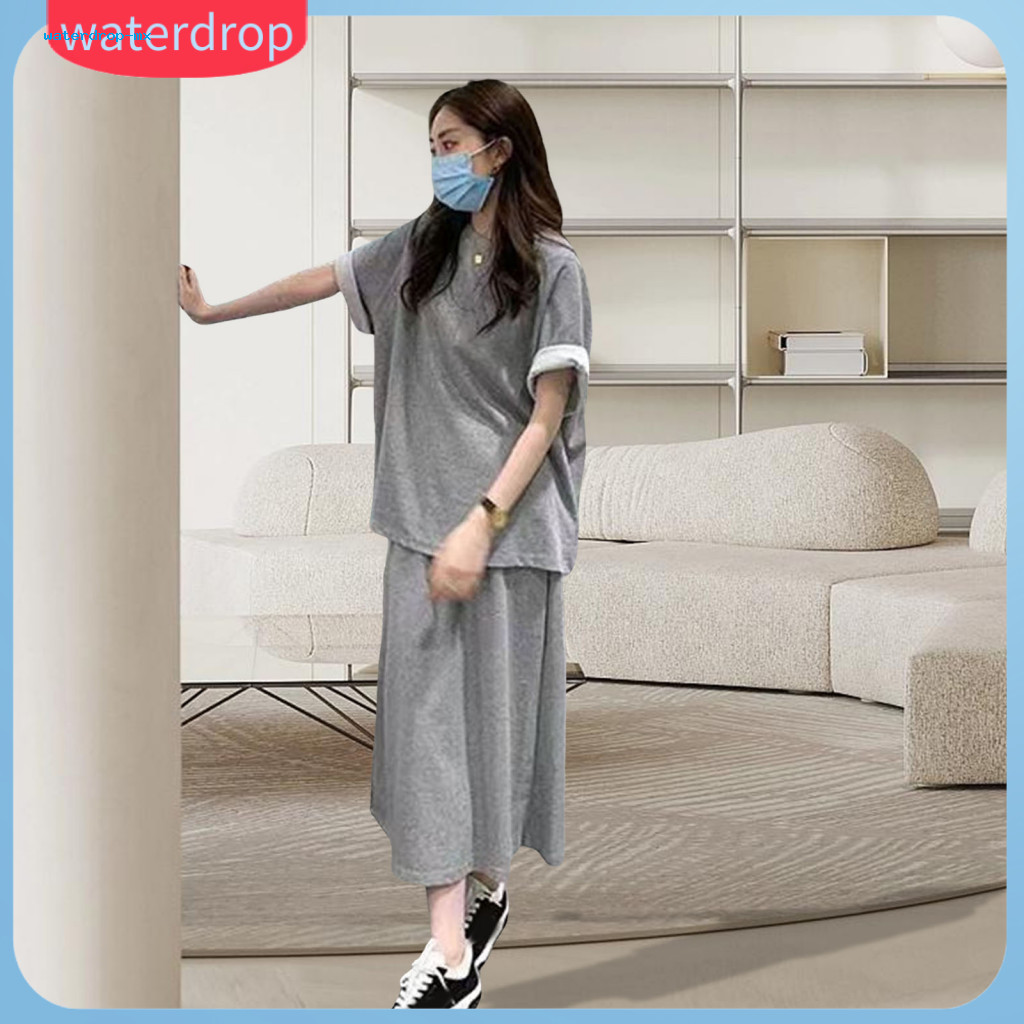 2 Pcs Women Casual Set Round Neck Short Sleeve T-shirt Adjustable Waist Pleated Maxi Skirt Solid Color Summer Outfit for
