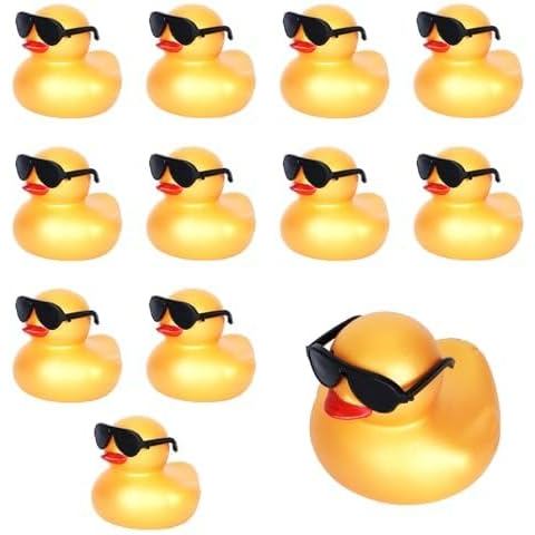 12 Pcs Mini Gold Rubber Ducks with Black Sunglasses, Squeaky Car Decor, Party Decor,Rubber Ducks Bulk, Lucky Ducks for B