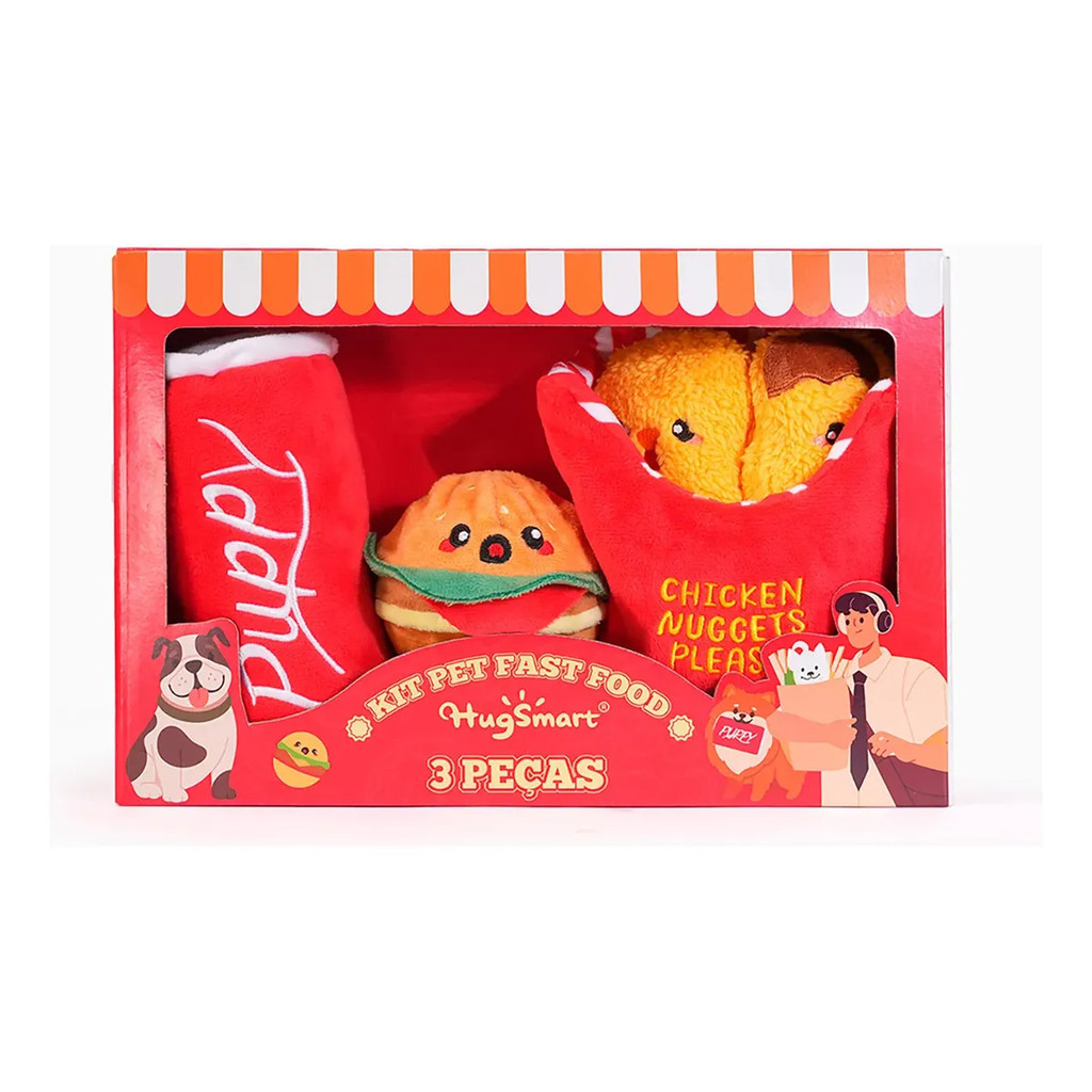 Kit Brinquedo Pet Fast Food 3 Peças com Pelúcia Importado Luxo para Cães e Gatos