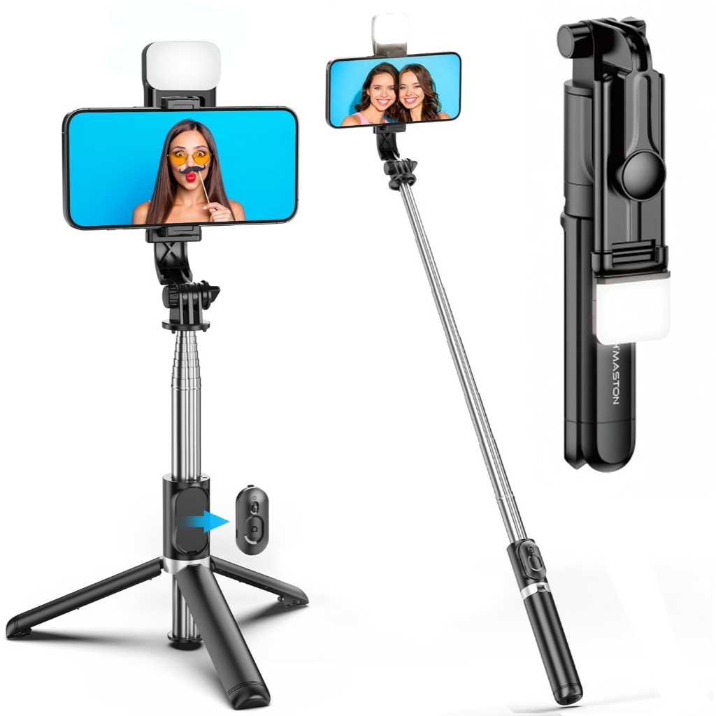 Tripé de bastão de selfie para celular de, controle remoto integrado, Com Luz LED, portátil