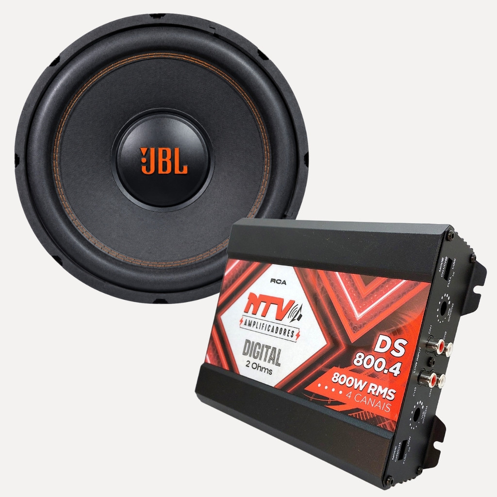 KIT SOM JBL SUBWOOFER 12 POLEGADAS 350W RMS + MÓDULO AMPLIFICADOR DIGITAL 800W RMS 4 CANAIS