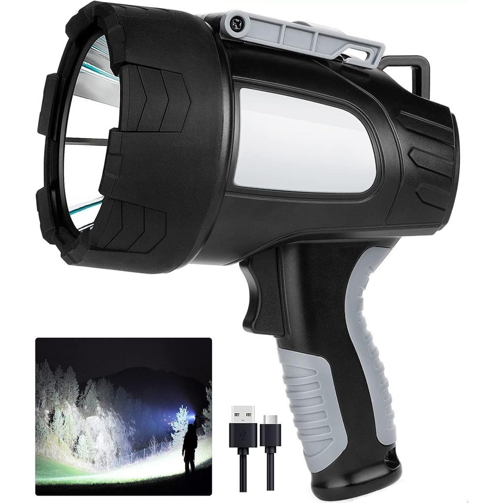 LBE Rechargeable Spotlight Outdoor, 1,000,000 Lumens Led Spotlight Flashlight with Cob Light and Foldable Tripod, 6 Mode