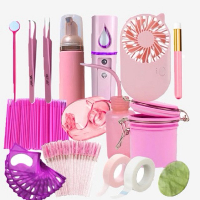 kit Extensão de cílios completo iniciante/avançado mini ventilador nano mister pinças