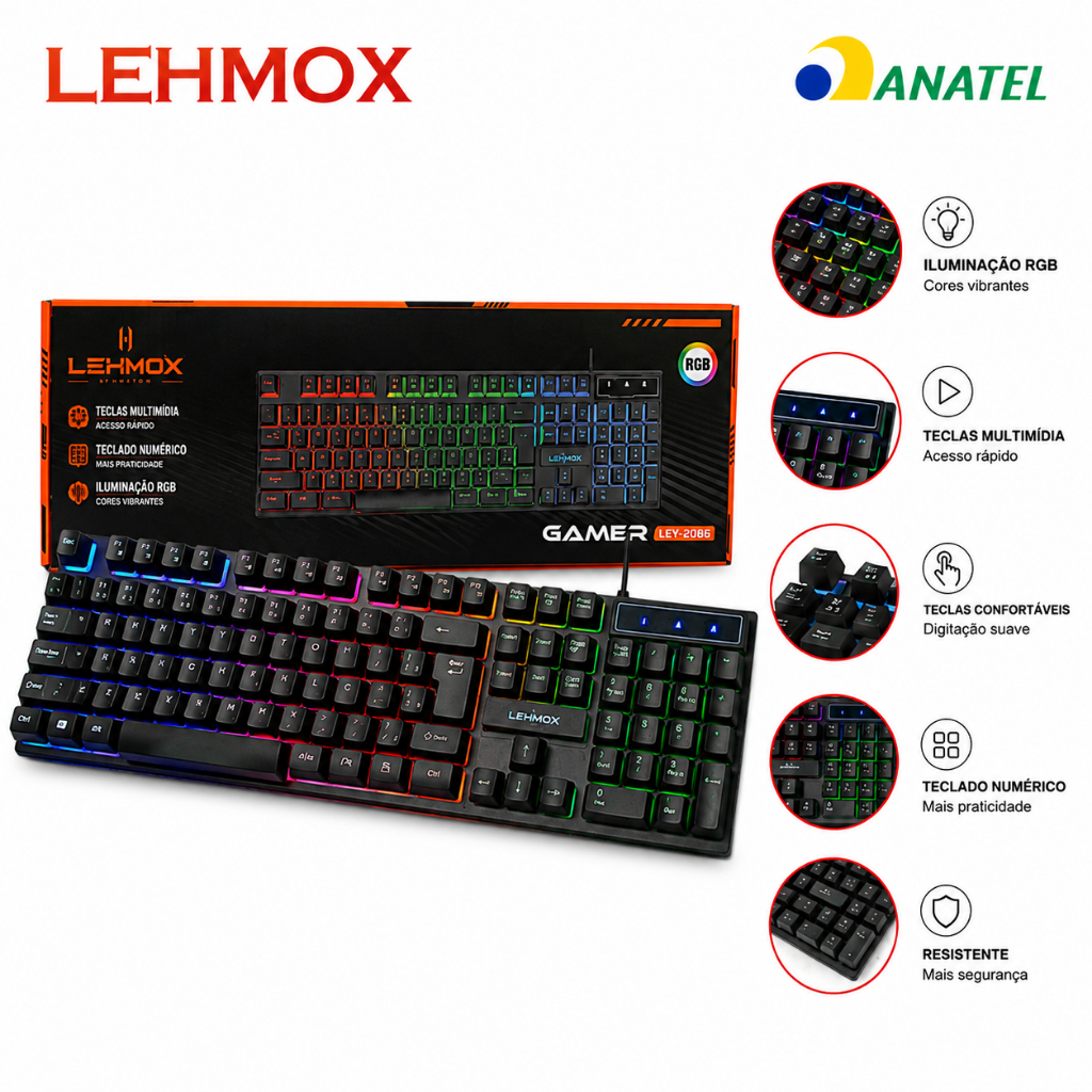 Teclado Gamer Premium Lehmox USB Com Fio RGB Multimídia