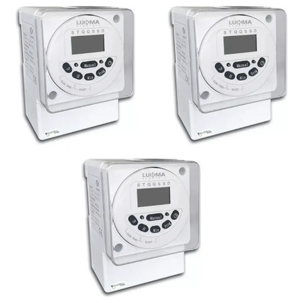 Kit 3 Programador Horário Digital Lukma LK-190 Timer 2200W 110V 220V 16 Programas Diário Semanal LCD