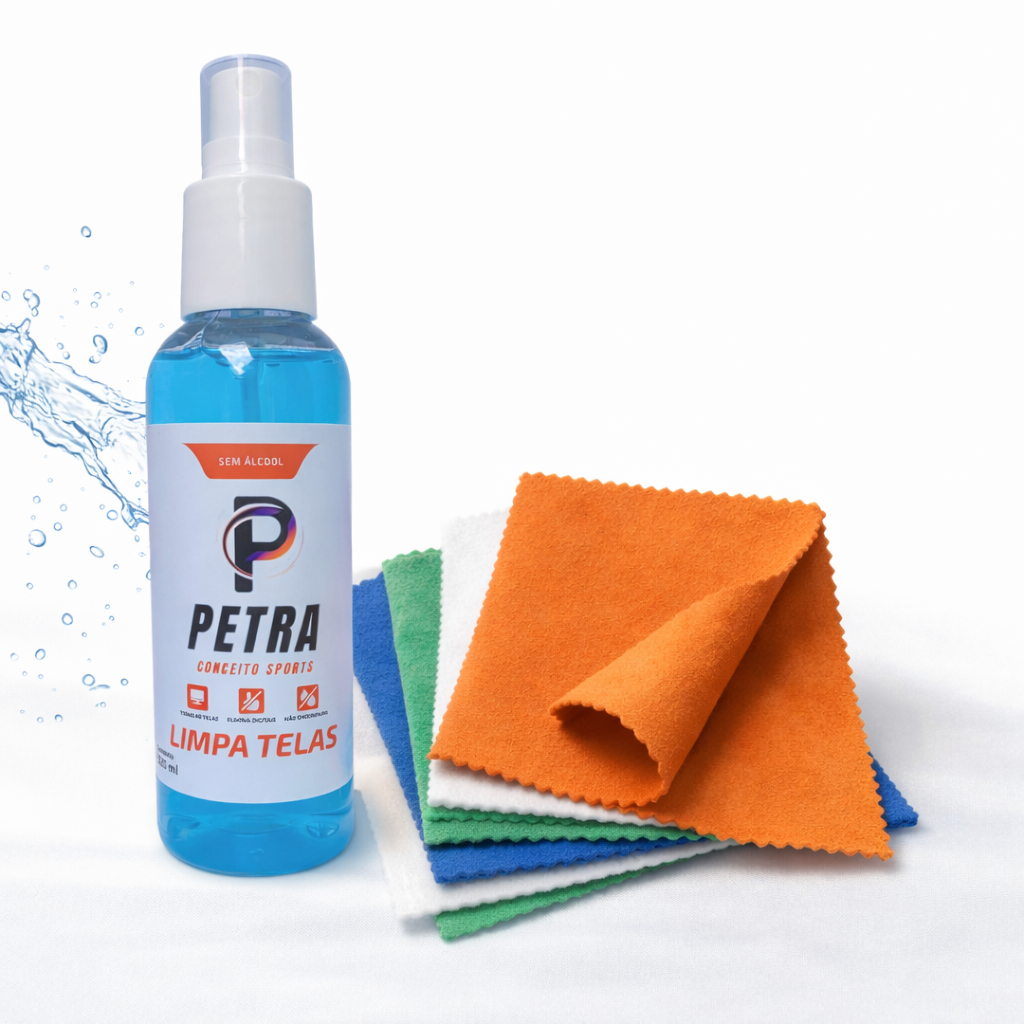 Spray Limpa Telas 120ml + 5 Flanelas Microfibra Suede Remove Sujeira, Digitais Celular, TV, Tablet, Laptop
