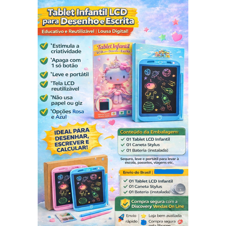 Tablet Infantil LCD para Desenho e Escrita | Lousa Digital Apaga com Botão | Educativo e Reutilizável